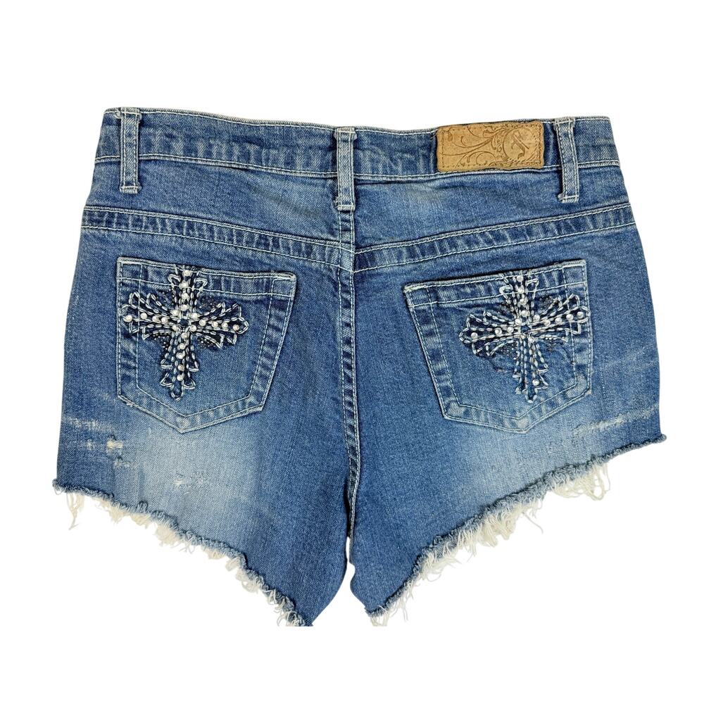 Free People Denim Shorts Distressed Cross Rhinestone Raw Hem Boho Festival